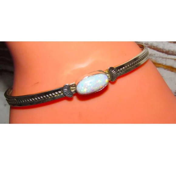 Navajo Opal Bracelet Stacker Sterling Silver Cuff Native American Signed - Picture 2 of 5